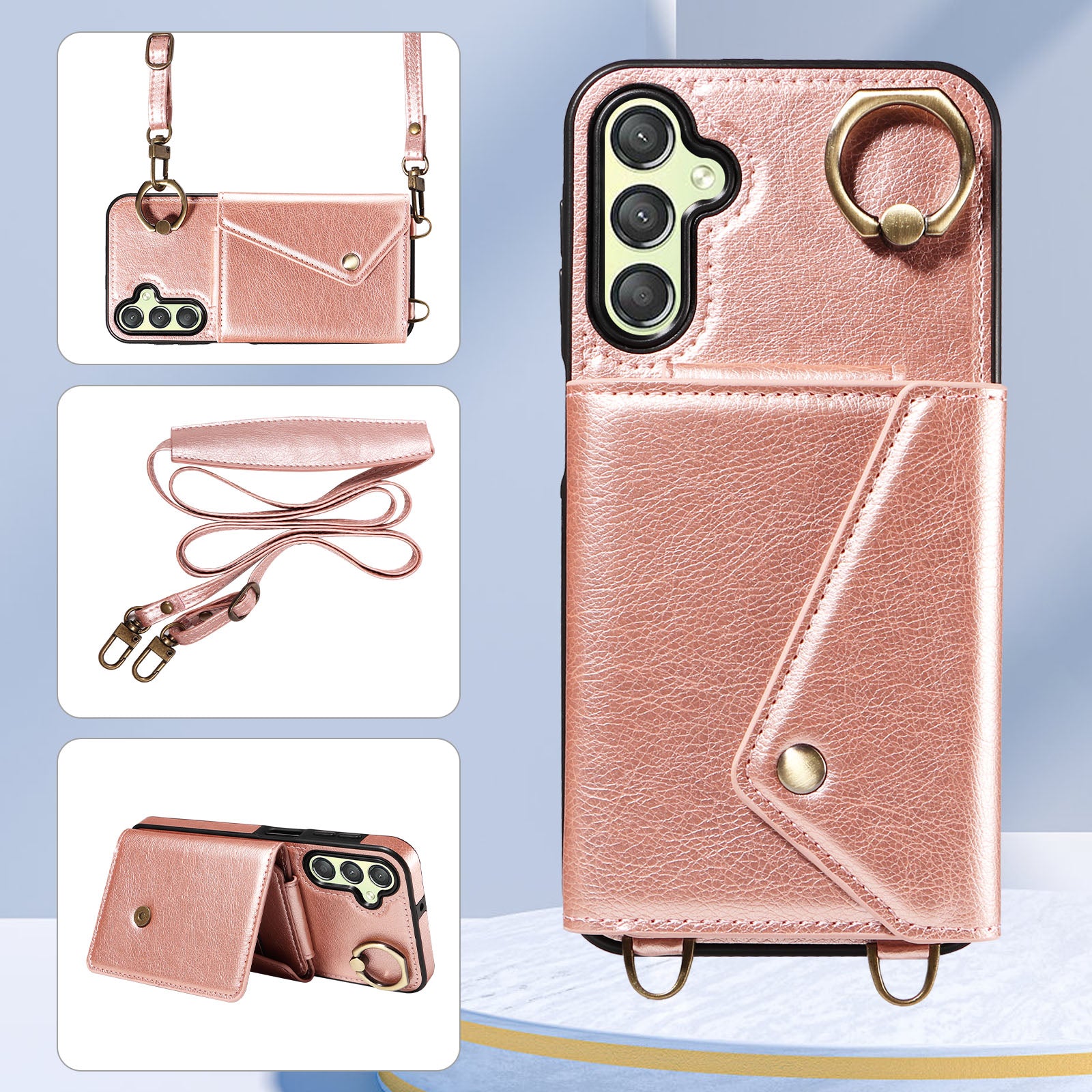 002 For Samsung Galaxy A24 4G A25 5G Card Bag Ring Kickstand Shockproof Cover Litchi Texture Leather Coated TPU Phone Case with Shoulder Strap 002 For Samsung Galaxy A24 4G A25 5G Card Bag Ring Kickstand Shockproof Cover Litchi Texture Leather Coated TPU Phone Case with Shoulder Strap